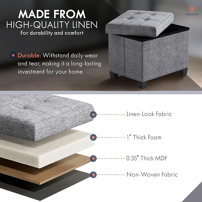 Ornavo Home Small Rectangle Storage Ottoman with Legs, 12x16x12, Gray | Foot Rest Stool Seat; Holds Up to 600 lbs; Ideal for Living Room, Bedroom, Home Office or Dorm