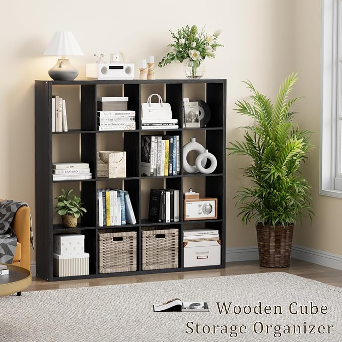 VDNEND Cube Storage Organizer Bookcase, Decorative 11 inch Open Back Cubical Shelf with Thickened Border, Display Bookshelf for Living Room, Home Office, Sturdy Room (Black, 16 Cube)