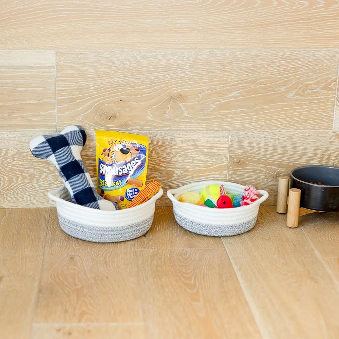 NaturalCozy 5-Piece Round Woven Cotton Rope Storage Baskets for Organizing, Small Shallow Nesting Set for Montessori Toys, Entryway Catchall, Fruit Bowl, Key Tray, Remote Holder, Nursery & Pet Toys