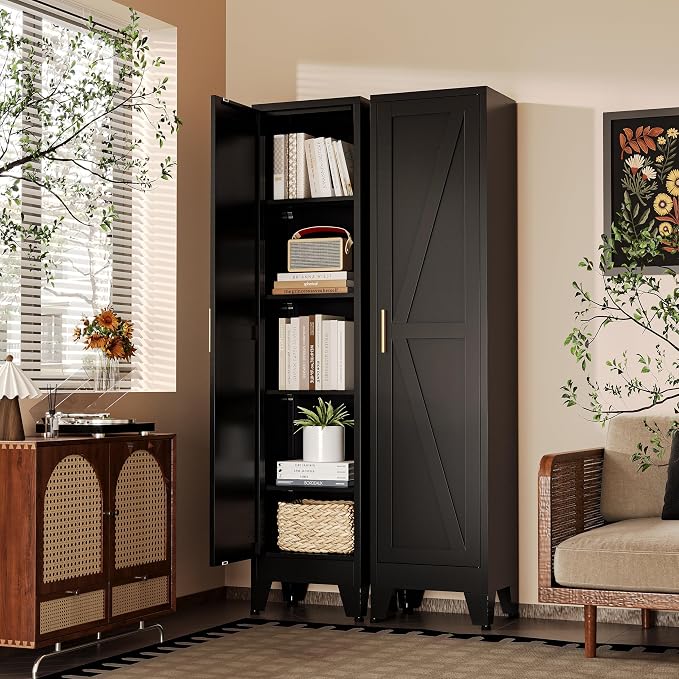 67“H Metal Narrow Kitchen Pantry Cabinet,Black Skinny Pantry Cabinet,Tall Narrow Bathroom Storage Cabinet with Adjustable Shelves,Slim and Thin Pantry Cabinets for Living Room Dining Room