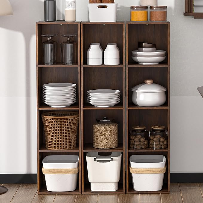 4Cube Storage Organizer, 4 Tier Cube Low Bookcase Freestanding Storage Display Organizer, Three-Cubes Open Shelf Bookshelf for Home Office (Dark Brown,Black Walnut, 4-Cube)