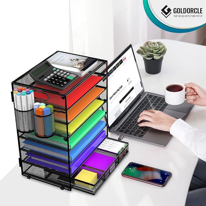 8 Tier Paper Letter Tray Organizer (Black-with Drawer,Pen Holders) | Mesh Desk File Holder Storage Organization for Home School Classroom & Office