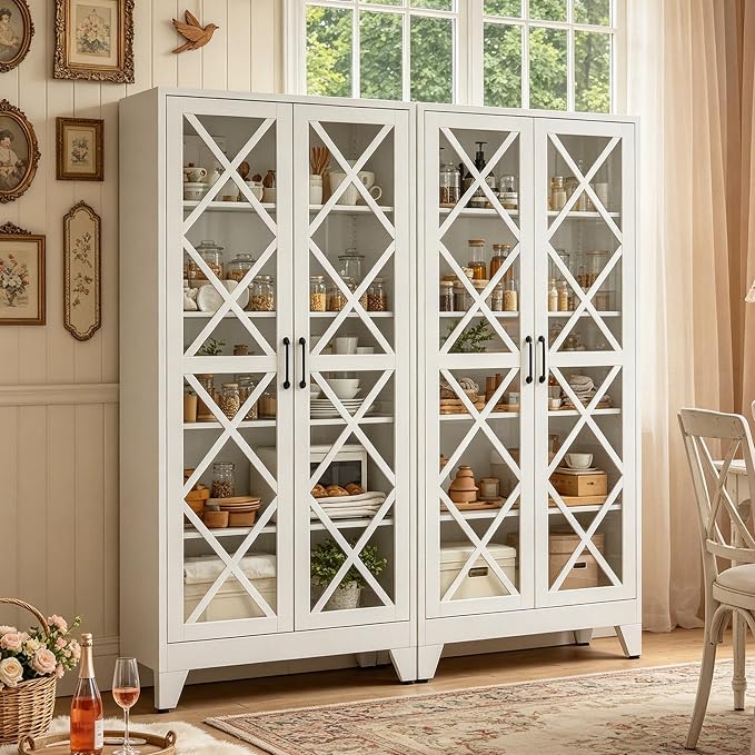 71"H White Pantry Kitchen Cabinet with Doors,Black Storage Cabinets,Freestanding Pantry Cabinet,Farmhouse Food Storage Cabinets,Tall and Large Pantry Cabinets for Kitchen, Dining Room, Living Room