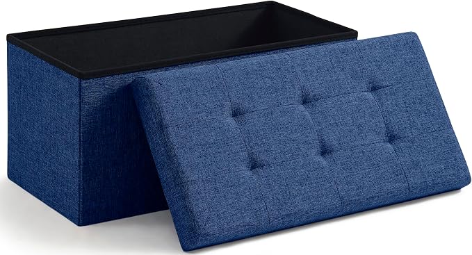 Ornavo Home 30 Inch Folding Storage Ottoman Bench, Tufted Linen, Navy Blue | Upholstered Large Ottoman with Lid; Foot Rest Stool; Ideal for Bedroom, Living Room or Entryway