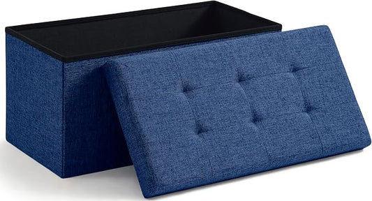 Ornavo Home 30 Inch Folding Storage Ottoman Bench, Tufted Linen, Navy Blue | Upholstered Large Ottoman with Lid; Foot Rest Stool; Ideal for Bedroom, Living Room or Entryway