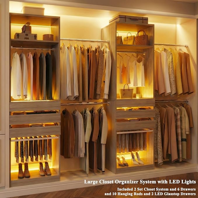 Closet System Set of 2, 5.7-10.4FT Closet Organizer System with 6 Wood Drawers & LED Glasstop, Wood Walk-in Closet with 10 Hanging Rods & 2 Trouser Rack, Built-in Garment Rack with Shelves, White Oak