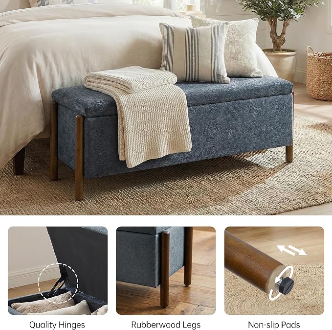 Usaint Wooden Storage Ottoman Bench, 47" Fabric Upholstered End of Storage Bench with Rubberwood Legs, Entryway Bench with Storage for Bedroom, Living Room, Reception, Cloakroom, Blue