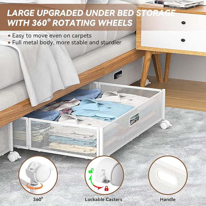 PHINOX Under Bed Storage with Wheels & Handle,Metal,Large,4 Pack,White | Tool-free assembly,glide smoothly,easy reach,foldable,maxmazie low-profile beds,dorm,keep seasonal clothes,shoes,sockes fresh