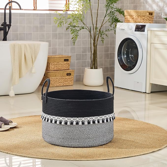 KAKAMAY Large Blanket Basket with Handles, Storage Basket for Living Room | Extra Large Capacity | Natural Cotton Rope | Blanket Storage | Woven Storage Basket | Stuffed Animal Storage | Laundry Basket