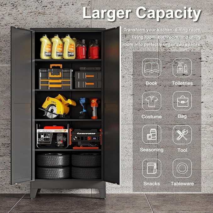 71" H Black Metal Storage Cabinets,Garage Storage Cabinet,Tall Pantry Cabinet with Doors,Kitchen Food Storage Cabinet,Farmhouse Storage Cabinets for Kitchen, Dining Room