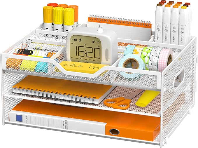 3 Tier Metal Desk Organizer with Magazine File Holder, White | Space saving workspace desk file trays. Includes pencil holder and portable handles. Ideal for school and office supplies