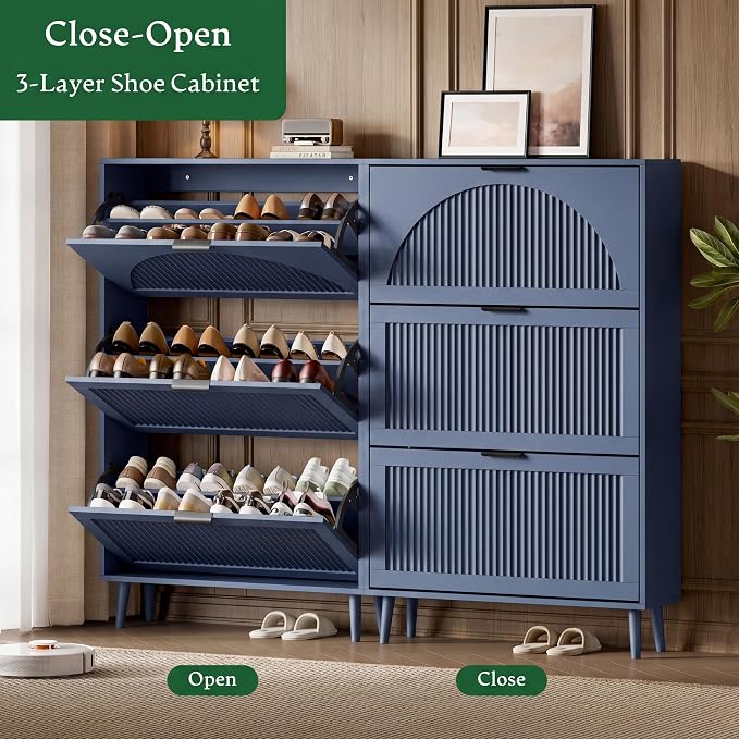 Xixini Shoe Storage Cabinet with 3 Flip Drawers, 50" Tall Narrow Wood Fluted Shoe Organizer for Entryway, Freestanding Wooden Hidden Slim Shoe Rack for Front Door Entrance, Hallway, Foyer, Navy Blue