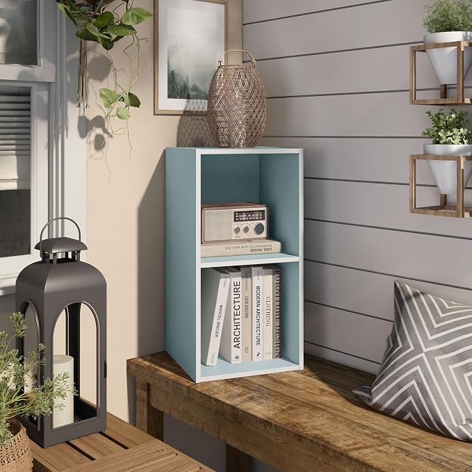 Homes: Inside + Out Apexa 2-Cube Storage Organizer Shelves, Stackable Wood Bookcase Fits Cubby Bins for Organization, Dorm Teen Room Decor & Home Office, Light Blue