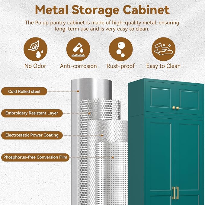 Polup 86" Tall Metal Kitchen Pantry Storage Cabinet with Doors and Shelves | Heavy-Duty Green Cabinet, 4 Adjustable Shelving, Gold Handles, Magnetic Latch, for Dining Living Room, Bathroom & Garage