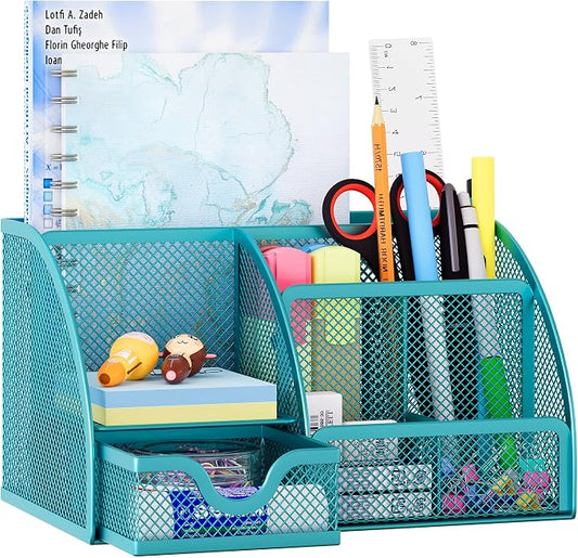 EasyPAG Mesh Desk Organizer with Drawer Multi-functional Pen Holder Stationery Organizer for Office School Supplies 6 Compartments Dorm Organizers and Storage for Desk, Blue
