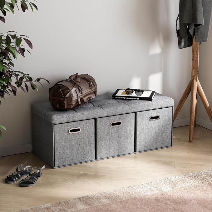 Ornavo Home 40 Inch Storage Ottoman with 3 Drawers, Tufted Linen, Gray | Foldable Large Bench Design; Foot Rest Stool Seat; Ideal for Living Room, Bedroom or Entryway