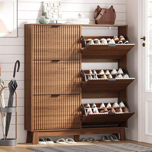 Shoe Cabinet Storage for Entryway with 6 Flip Drawers, Fluted Narrow Shoe Organizer with Wooden Legs, Freestanding Slim Shoe Storage Hidden Shoe Rack Organizer for Front Door Entrance, Walnut