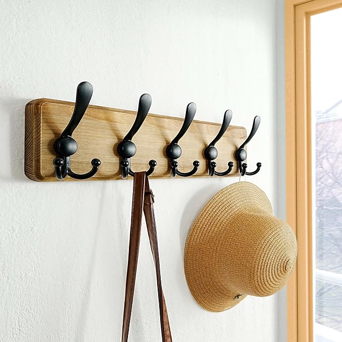 Coat Rack Wall Mount - Heavy-Duty Robust Barnwood-Style Wooden Wall Coat Hanger Hook Rail with 5 Triple Hooks for Winter Coats Hat Jacket Clothing, Weathered Brown & Black