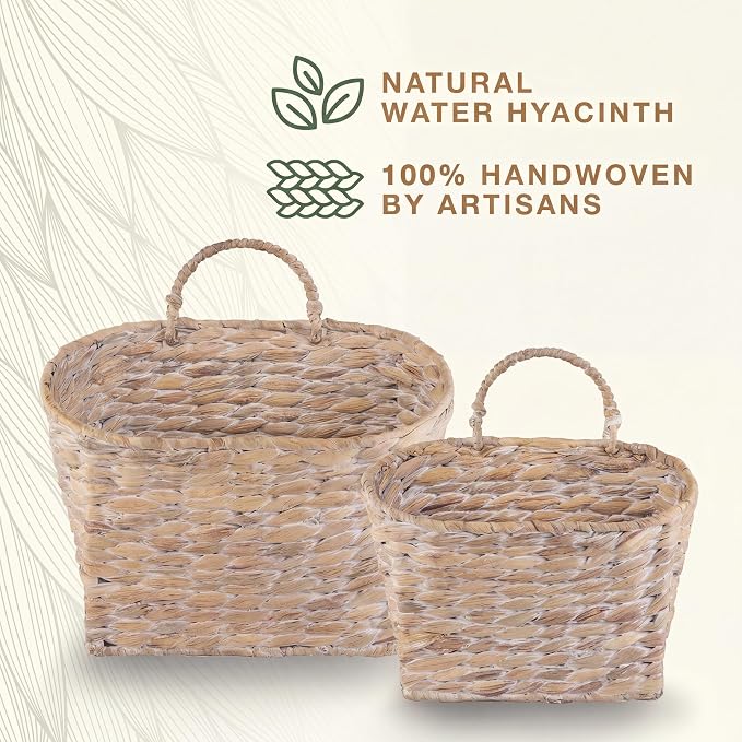 Set of 2 White Wicker Hanging Baskets for Front Door, Mail, Flowers & Organizing