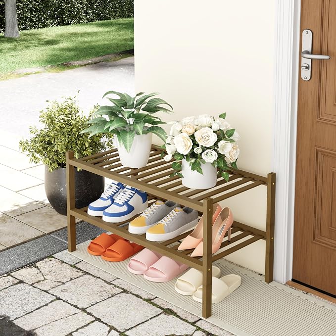 Smiry Bamboo Shoe Rack, 14 Vertical Slats, 2 Tier - 26.8" Wide, Walnut | Stackable Free Standing Wooden Shoe Organizer, Wood Shoe Storage Shelf for Closet, Entryway, Thicher Leg
