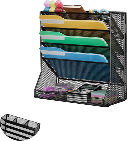 Jakyitvi Wall Mounted File Organizer, Metal Frame Mesh Desktop Sorter | 5-tier hanging style, 4 pull-out dividers, mail sorter, sturdy office supplies, stable R-shaped base, hardware included