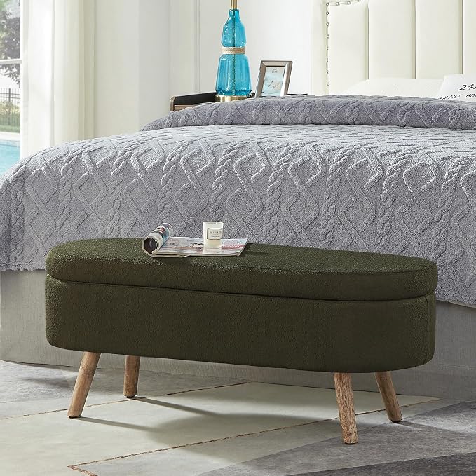 42.25" Ottoman with Storage, Storage Ottoman Bench with Safety Hinge, Boucle End of Bed Bench, Upholstered Entryway Bench for Bedroom, Living Room & Window, Holds up to 330 lb, Dark Green