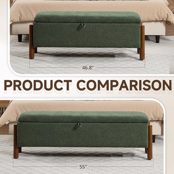 55'' Modern Storage Ottoman Benches | with Walnut Wood Legs 26 Gallons Storage Space Fabric Upholstered Seating End of Bed for Bedroom Livingroom Green
