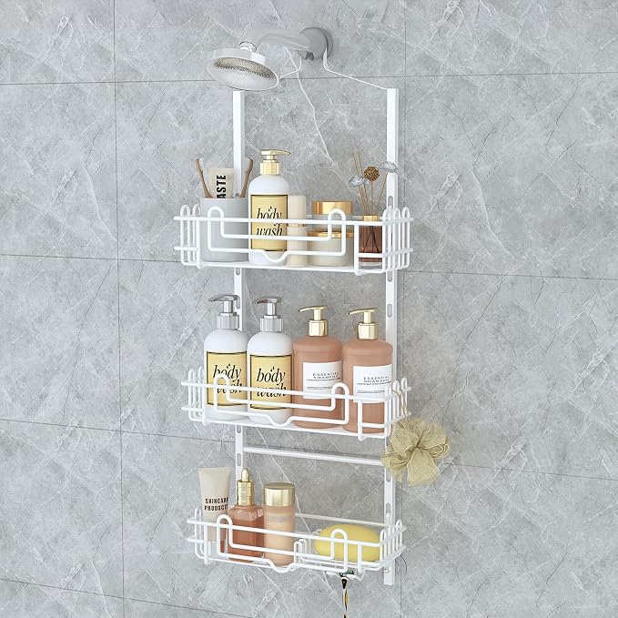 SWTYMIKI Shower Caddy Hanging Organizer - 3-Tier Rustproof Shower Organizer Over Showerhead with Adjustable Baskets, 24 Hooks, Soap & Razor Holder - No Drill Large Bathroom Storage Rack, White