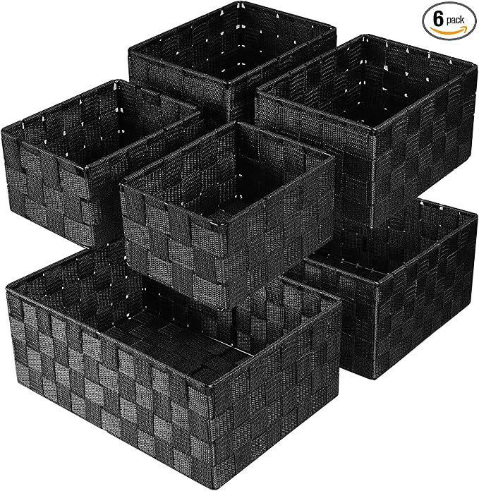 Storage Baskets with Lids: 6 Pack Stackable Woven Storage Bins, Black | Decorative Woven Baskets for Organizing with Built-In Handles for Shelves, Closets, Cabinets and Cubbies, Gift Small Basket