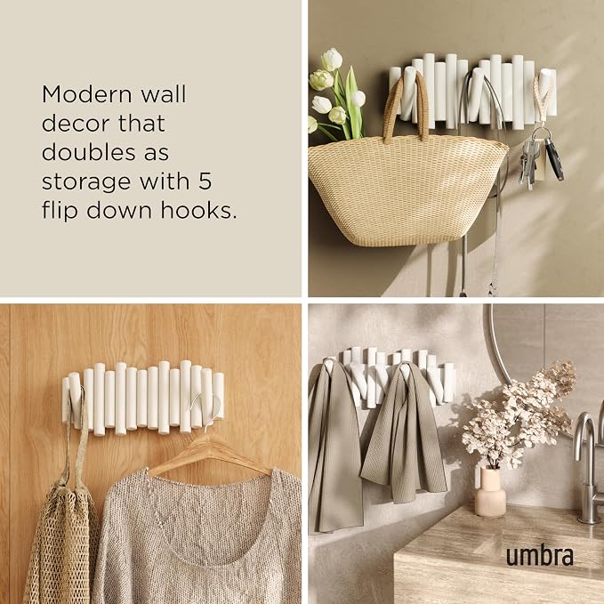 Umbra Picket Wall-Mounted Coat Rack Rail Hook with 5 Retractable Wood Pegs – Modern, Space-Saving Storage Organizer, White