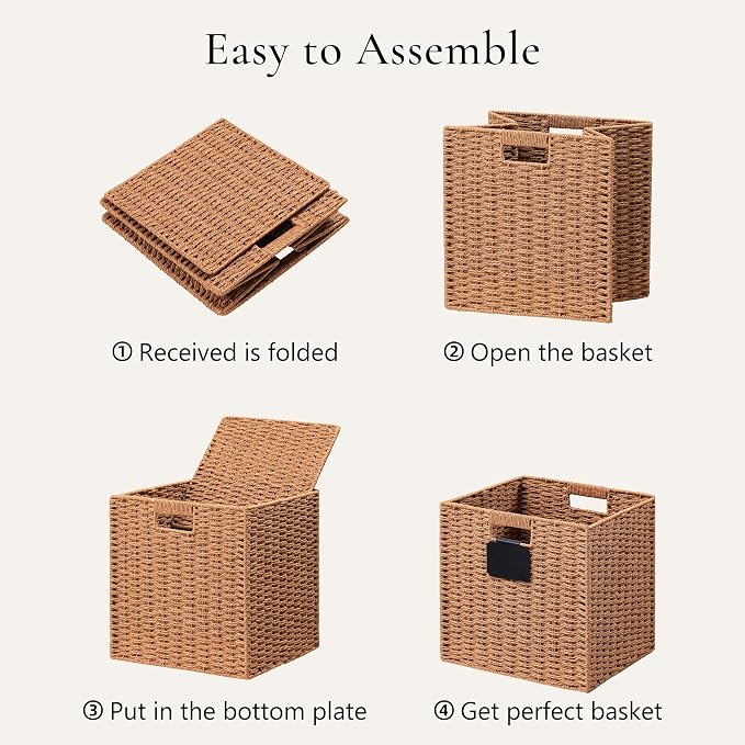 UBBCARE 4 Pack Wicker Basket, 12×12 Storage Cubes with Label, Foldable Cube Storage Bin with Handle, Square Storage Basket for Shelves, Woven Paper Rope Basket for Organizing, Caramel