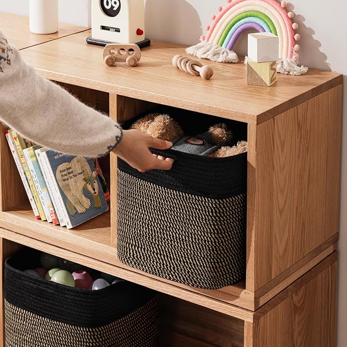 joybest 13inch Cube Storage Bins, Cotton Rope Woven Organizer Basket | Set of 4 Cube Bin Square Shelves Organizer Closet Storage, Nursery, Toy Organization, Black&Dark Brown