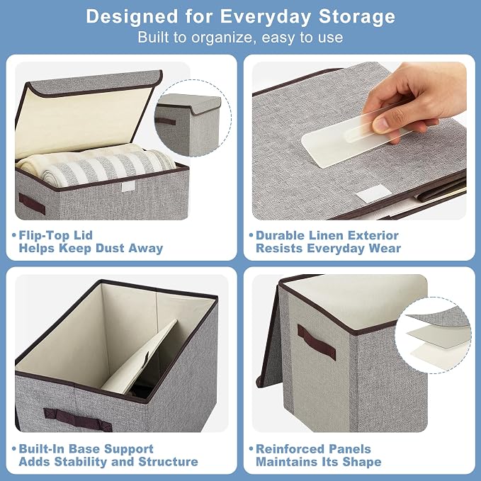Bagnizer Large 22 Quart Linen Fabric Foldable Storage Bin Cube Organizer Basket with Flip-Top Lid & Handles, Clothes Blanket Box for Home, Office, Closet, Gray, 4 Pack 14.6 x 9.5 x 9.5”