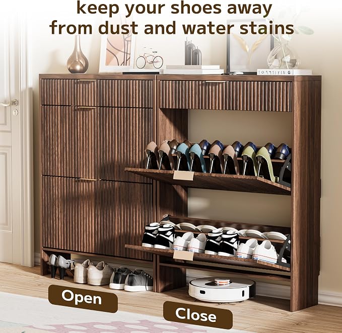 Fluted Shoe Cabinet Storage with 2 Flip Drawers & 1 Drawers, Wood Narrow Hidden Shoe Cabinet for Entryway, Freestanding Slim Shoe Rack Organizer for Foyer Hallway Living Room(Walnut)