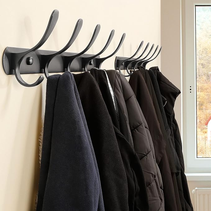 SKOLOO Coat Rack Wall Mount - Modern, Metal Wall Coat Rack with 5 Hooks, Sturdy Wall Mounted Coat Hooks for Hanging Coat, Jacket, Clothes, Hat, Matte Black
