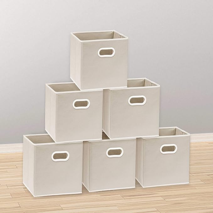 Simple Houseware 11-Inch Foldable Cube Storage Bins with Handles, Beige | 6-Pack Lightweight & Durable Structure Fabric Cubes Organizer for Closet or Shelves