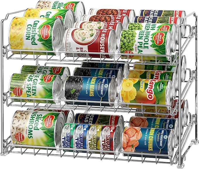 Simple Houseware 3-Tier Stackable Can Organizer Rack Hold 36 Cans, Chrome | Can Food Storage Dispenser for Pantry/Cabinet, Adjustable Dividers – 11.5" D x 17" W x 13.75" H