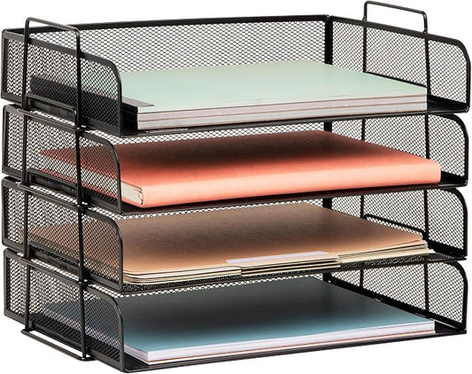 Mind Reader Stackable Paper Tray, Desktop Organizer, File Storage, Office, Metal Mesh, 4 Pcs., Black