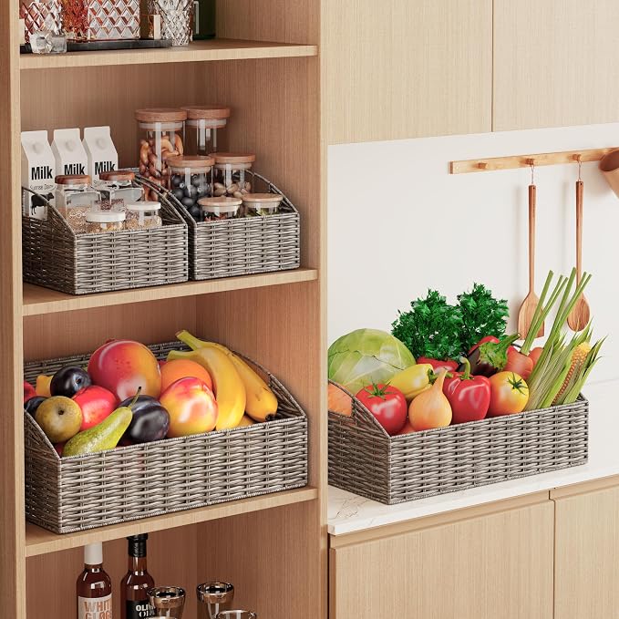 Pantry Baskets Organization, Wicker Storage Bin Shelf Grey | Handwoven Pantry Organizers and Storage with Built-in Handles, Laundryroom Organization Storage Bins for Snack Cans