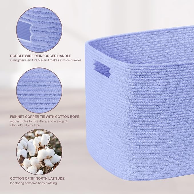 45L Small Woven Laundry Basket Hamper with Handles, Blue Purple | collapsible wicker hamper, storage for dirty clothes, toys, blankets, gifts, living room, bedroom, bathroom, 18"x14"x11"