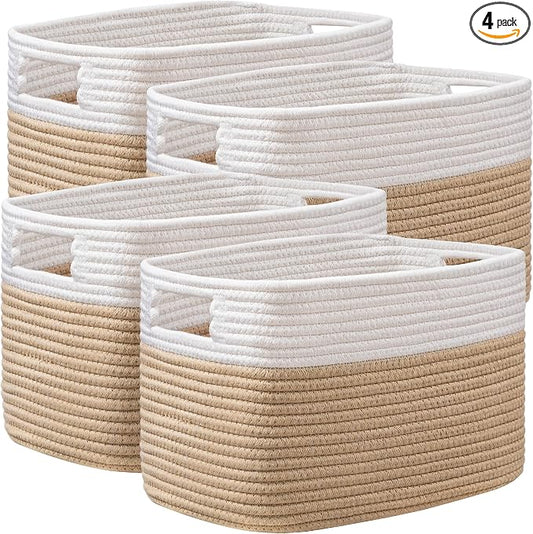 4 Pack Storage Baskets for Organizing, Shelf Baskets with Handles, White&Brown