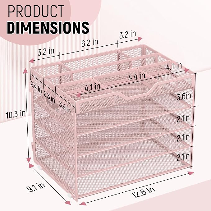 Docnest 5 Tier Mesh Desk Organizer with Removable Tray&Pen Holder, Pink | Features 3 detachable pen holders and 4 removable dividers.Versatile mesh desktop storage for mail, document,office supplie