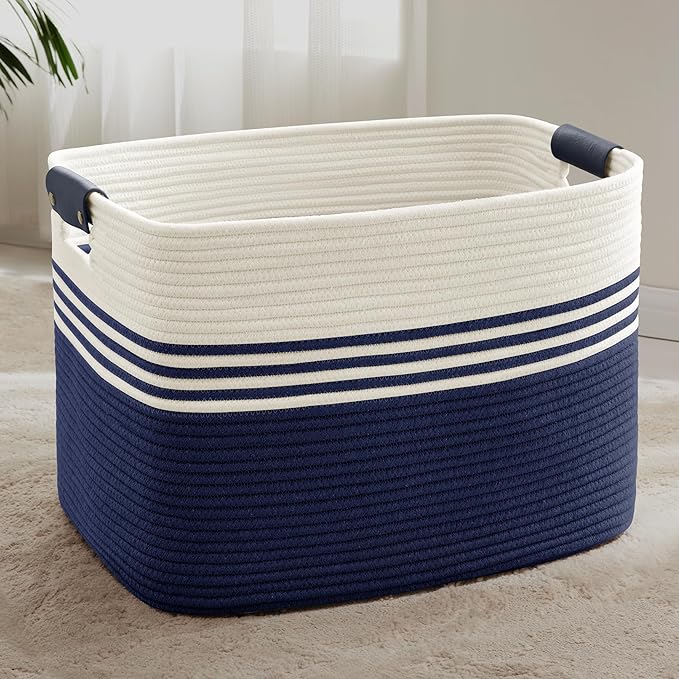 100L Large Woven Laundry Basket Hamper with Leather Handles,Navy | collapsible wicker hamper, storage for dirty clothes, toys, blankets, gifts, living room, bedroom, bathroom, 24"x16"x16"