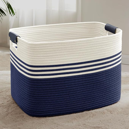 100L Large Woven Laundry Basket Hamper with Leather Handles,Navy | collapsible wicker hamper, storage for dirty clothes, toys, blankets, gifts, living room, bedroom, bathroom, 24"x16"x16"