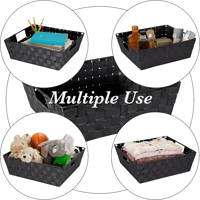 Simplify Large Shelf Woven Strap Tote | Decorative Storage Basket | Built in Handles | Organization | Closet | Bedroom | Bathroom | Nursery | Accessories | Toys | Gifts | 1 Pack | Black