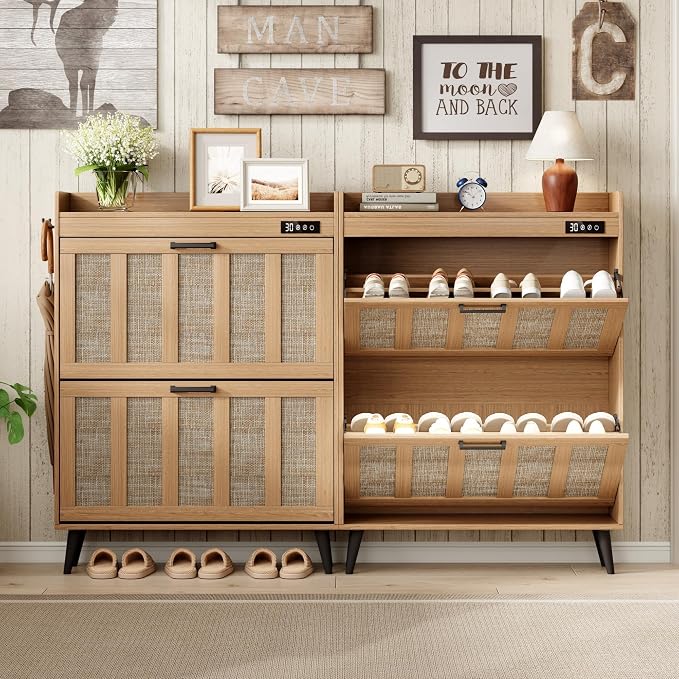 ChooChoo Shoe Storage Cabinet with 2 Flip Drawers and Deodorizer | Shoe Organizer Storage for Entryway, Freestanding Hidden Slim Narrow Shoe Rack Cabinet, Rustic Oak