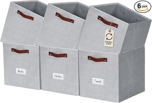 DECOMOMO Storage Bins, Cube Storage Bin with Labels | 13" x 13" x 13" Fabric Storage Cubes for Shelves (6pcs, Light Texture Grey)