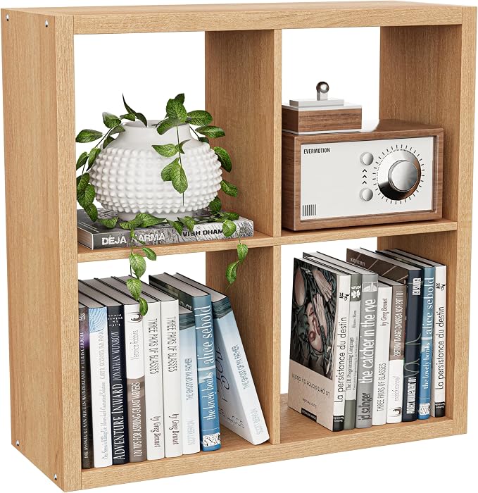 VDNEND Cube Storage Organizer Bookcase, Decorative 11 inch Open Back Cubical Shelf with Thickened Border, Display Bookshelf for Living Room, Home Office, Sturdy Room (Natural Oak, 4 Cube)