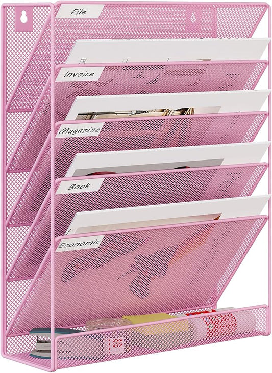 EasyPAG 5 Tier Wall File Holder, Mesh Hanging Folder Organizer with Classify Label, Versatile Desk File Holder, Vertical Wall Mounted Mail Organizer for Office Home Cubicle, Pink