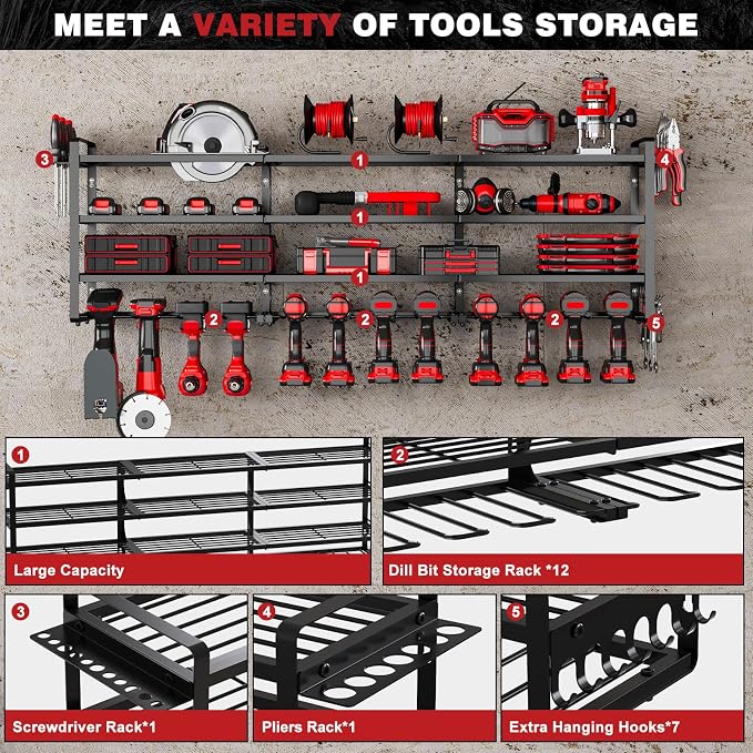 NattyDot Power Tool Organizer Wall Mount, 48-Inch 12 Drill Holders, Black | Extra-wide 48-inch Heavy-duty Wall Rack Stores 12 Cordless Drills and Assorted Tools, Maximizing Garage and Workshop Storage